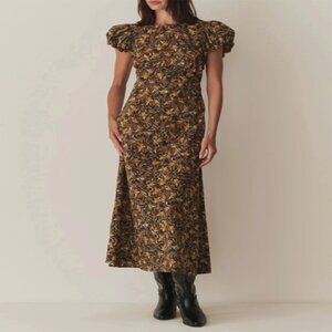 Noir Narcissus Floral Printed Cotton Long Maxi Gown Dress